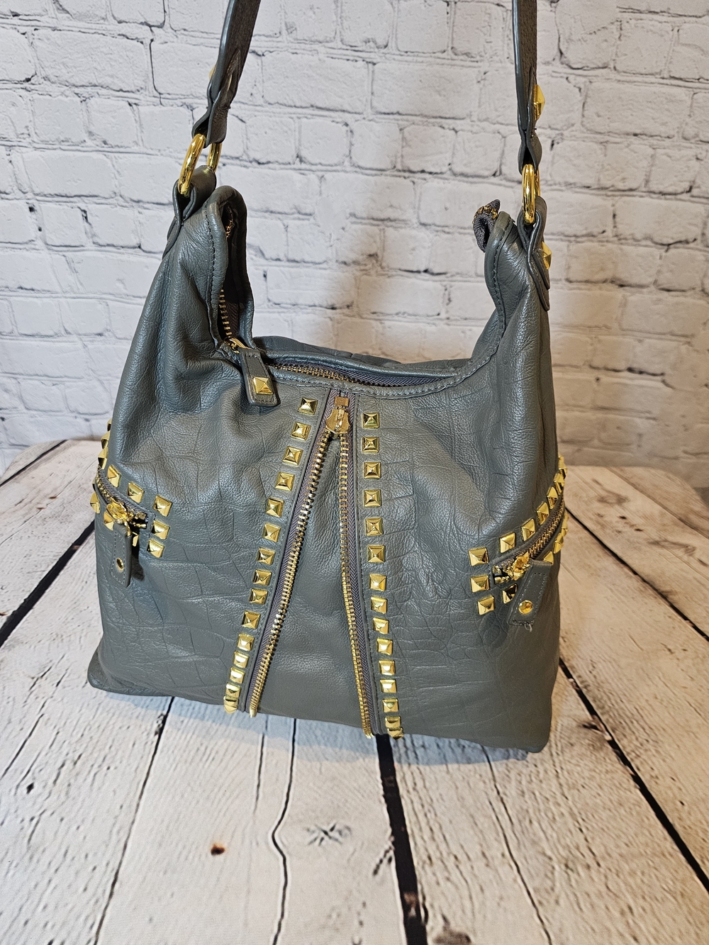 Betsey Johnson Y2K Gray Leather Studded Hobo Bag - Picture 7 of 12